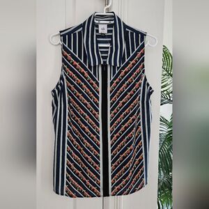 CAbi Navy and White Striped Floral Sleeveless Shirt